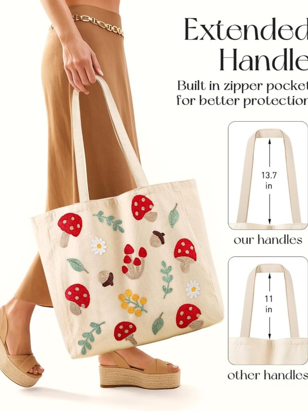 Embroidery Tote Bag with Pocket & Buckle - Reusable Canvas Tote for Women Cute A - Picture 4 of 6